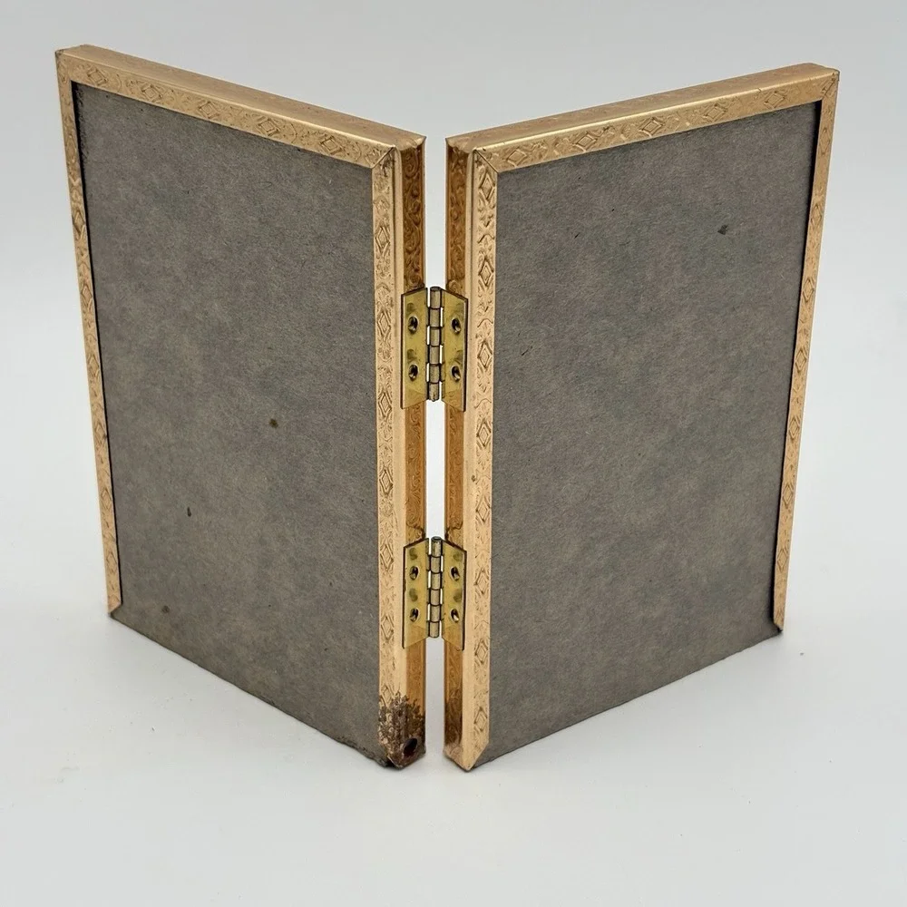 Vintage MCM Ornate Gold Tone Metal Frame Floral Bifold Picture Frame 5 x 3.5